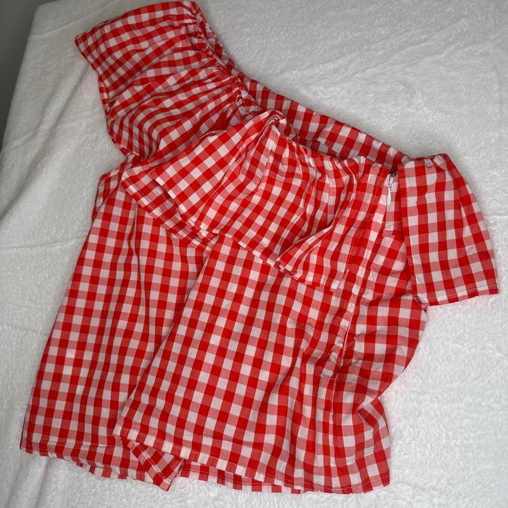 Cottage Prairie J.Crew Red Gingham Check One Shoulder Ruffle Top Blouse LARGE 10